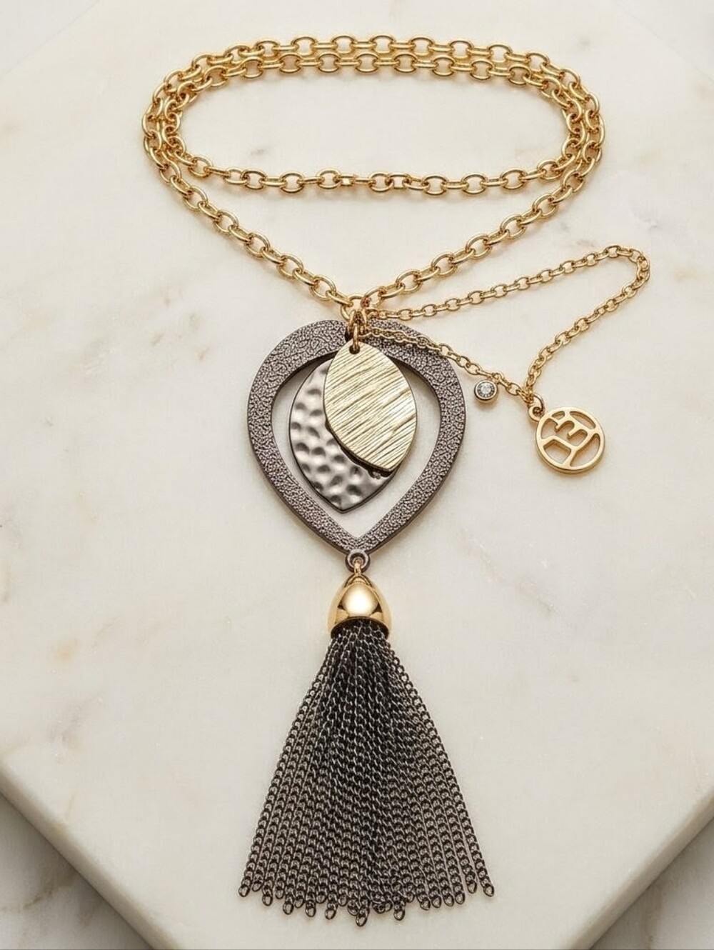 Vintage Erica Lyons Mixed Metal Tassel Necklace | Gold & Gunmetal Teardrop Leaf